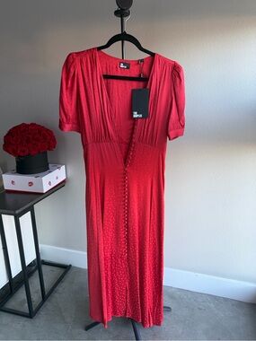 The Kooples Red V-Neck Button-Detail Midi Dress